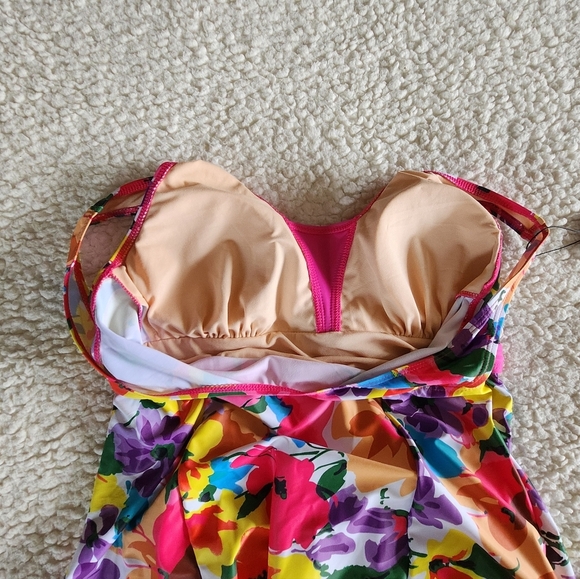 Pink Flower Printed Swimdress attached Boyshort NWT ECUPPER Swim Women's Small - Picture 10 of 14